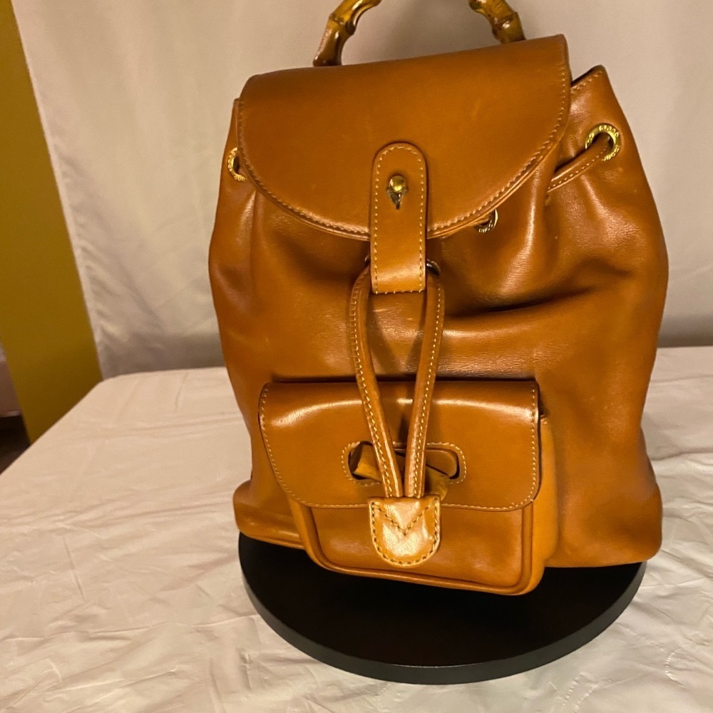 Vintage Gucci Caramel Brown Leather Bamboo Small Backpack Italy Authenticated